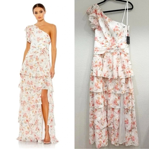Size 8 Mac Duggal Floral Print Ruffle Tiered‎ One Shoulder Gown Spring Dress - Picture 1 of 11